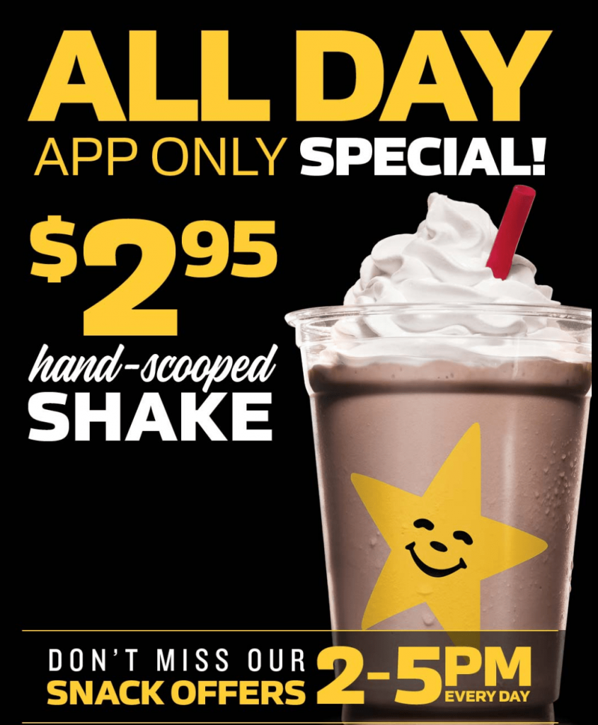 DEAL Carl's Jr App 2.95 Shake, 3 Double Cheeseburger (25pm), 4