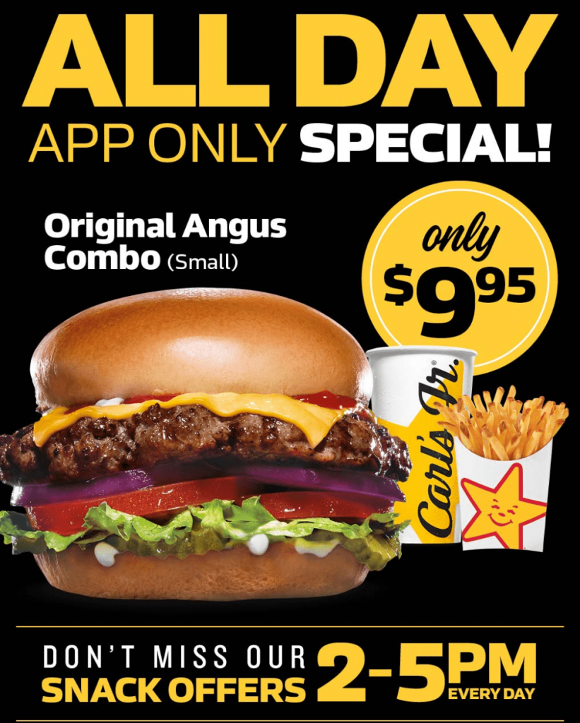 Deal Carls Jr App 995 Small Original Angus Combo 4 Veggie Star 2 5pm 2 Cheeseburger