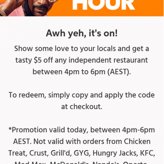 DEAL: Menulog - $5 off Independent Restaurants (4-6pm AEDT 7 October 2020) 1