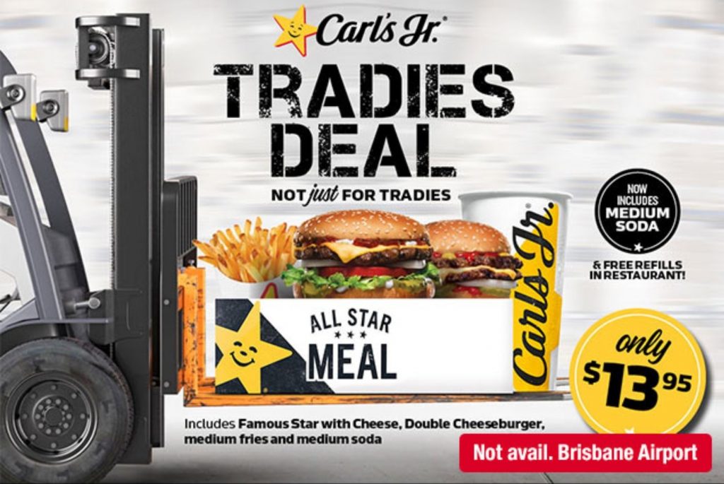 Deal Carls Jr 1395 Tradies Deal Famous Star With Cheese Double Cheeseburger Medium 