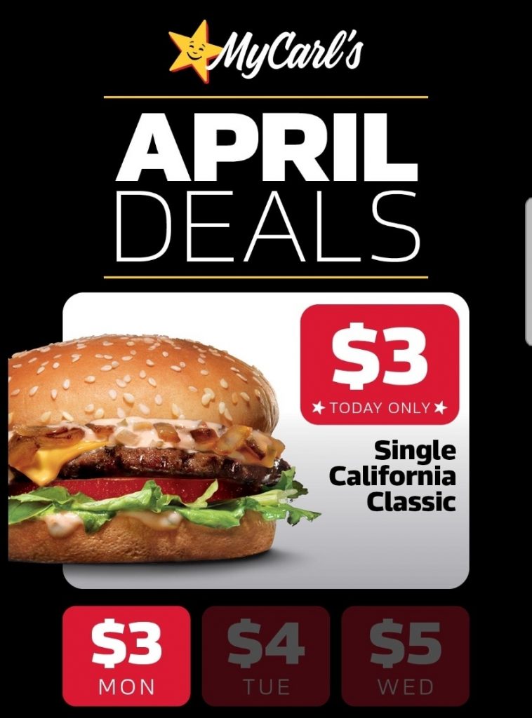 Deal Carls Jr 3 Single California Classic Via App 5 April 2021 Frugal Feeds