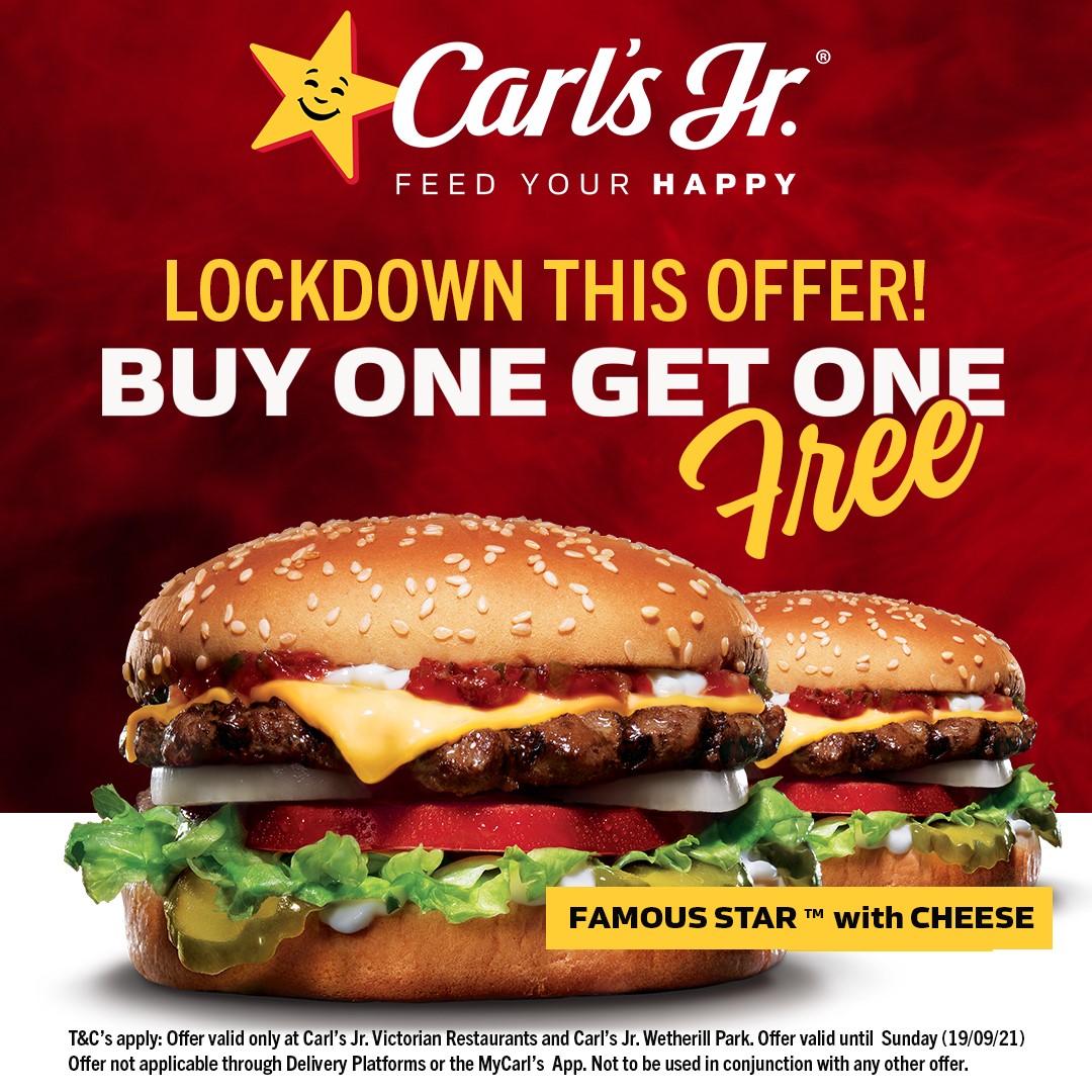 Deal Carls Jr Buy One Get One Free Famous Star With Cheese Burger Vicwetherill Park Nsw 