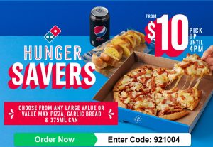 DEAL: Domino's - $10 Large Value/Value Max Pizza, Garlic Bread & 375ml Can Pickup Before 4pm 1