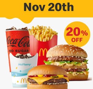 DEAL: McDonald’s - 20% off with $10 Minimum Spend on 20 November 2022 (30 Days 30 Deals) 1