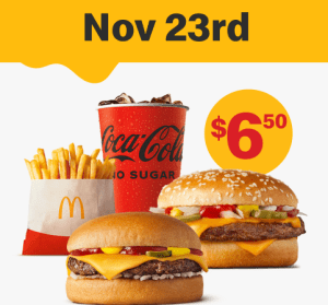 DEAL: McDonald’s - $6.50 Small Quarter Pounder Meal + Cheeseburger on 23 November 2022 (30 Days 30 Deals) 1