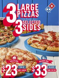 DEAL: Domino's - 3 Value Pizzas + 3 Selected Sides for $23 Pickup or $33 Delivered (Selected Stores) 1