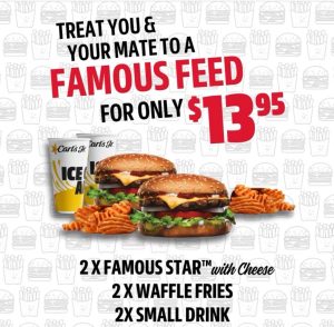 DEAL: Carl's Jr $13.95 Famous Feed with 2 Famous Star with Cheese, 2 Waffle Fries & 2 Drinks 5