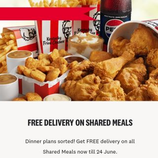 DEAL: KFC - Free Delivery on Shared Meals via Online or App (until 24 June 2024) 1