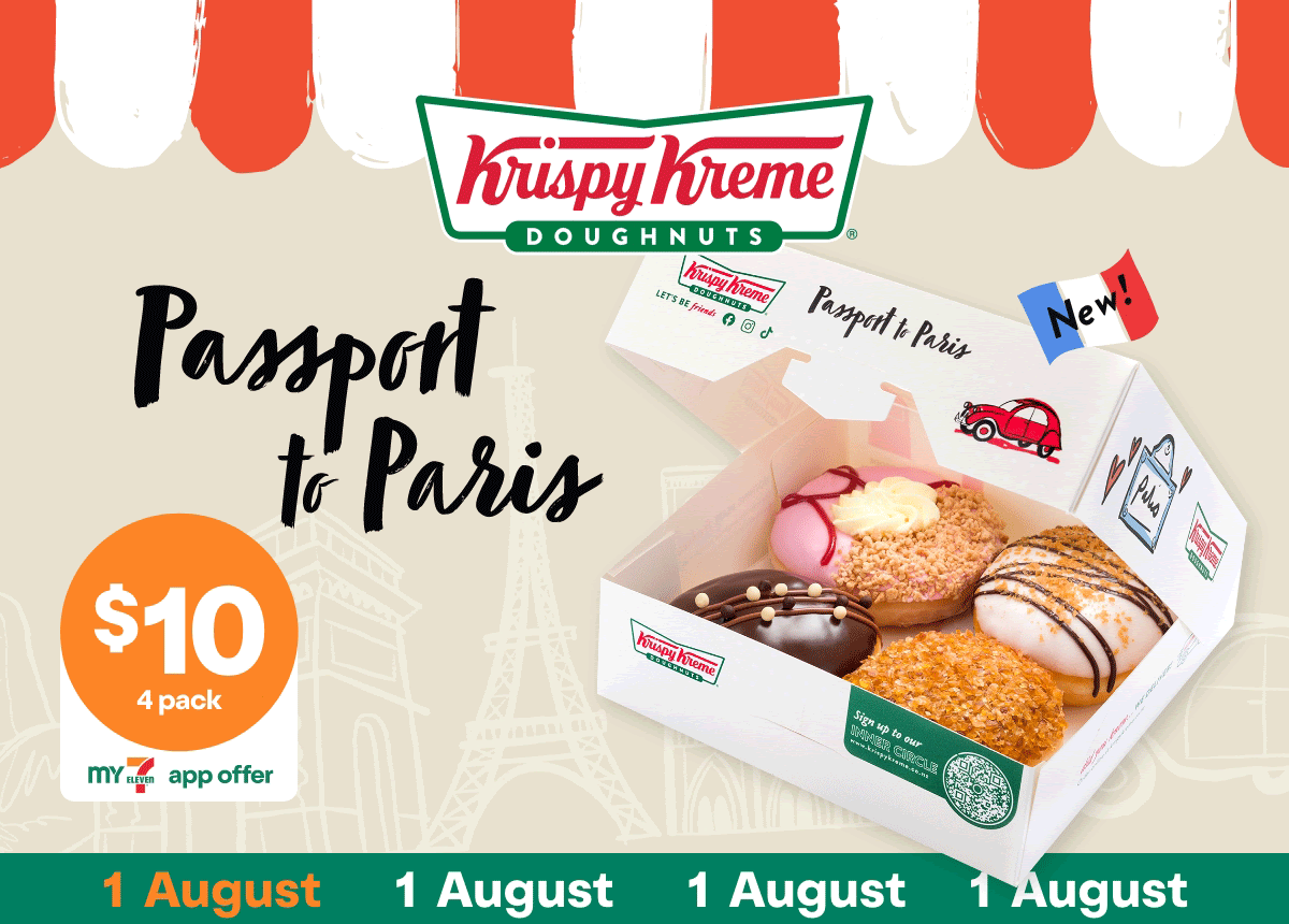 DEAL: 7-Eleven – $10 Krispy Kreme Passport to Paris 4 Pack (1 August 2024)