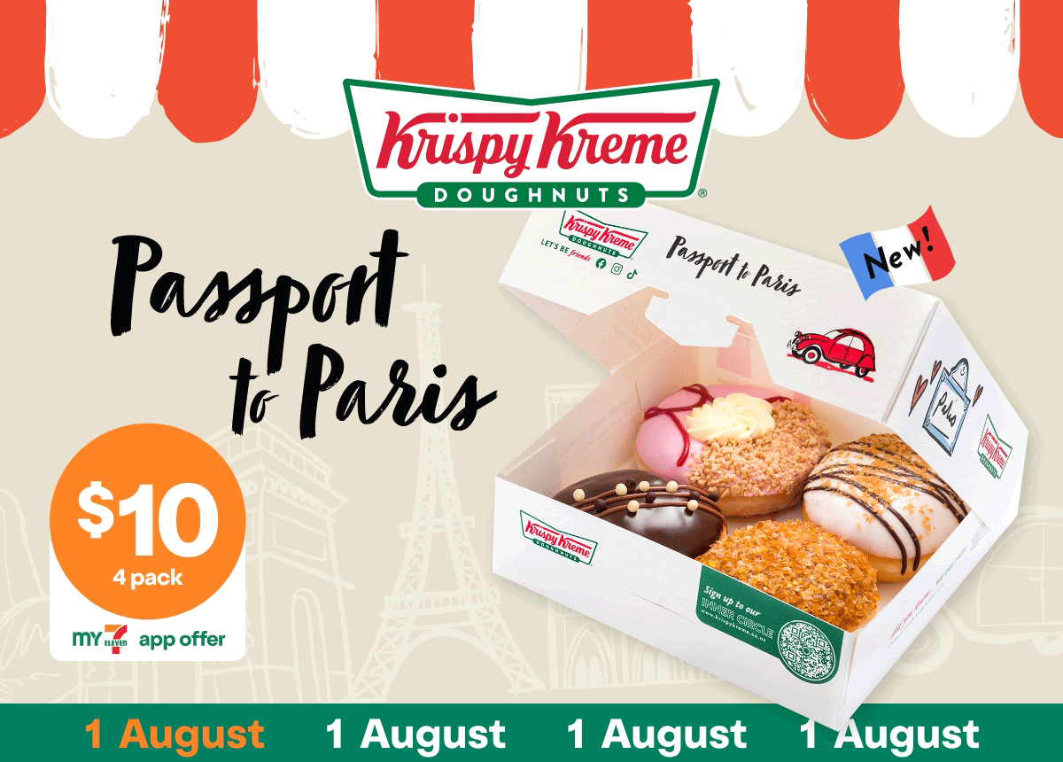 DEAL: 7-Eleven – $10 Krispy Kreme Passport to Paris 4 Pack (1 August 2024) 1