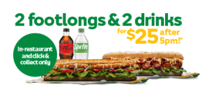 DEAL: Subway – 2 Footlong Subs & 2 600ml Drinks for $25 after 5pm via App or Online (until 23 July 2024) 1