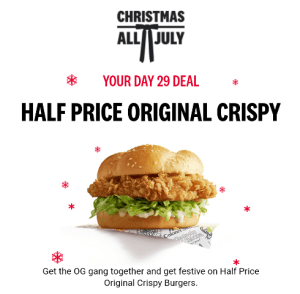 DEAL: KFC - Half Price Original Crispy Burger via App (29 July 2024) 1